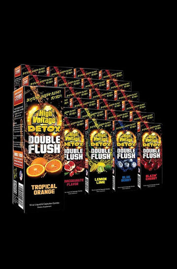 A frontal view of the Detox Double Flush - 24 Pack, showcasing a colorful box against a black background. - Detox Double Flush - 24 Pack