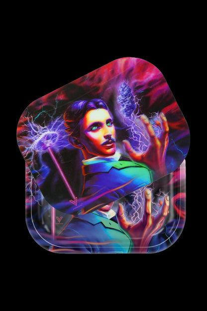 A rolling tray featuring a stylized portrait of Nikola Tesla with electric sparks emanating from his hands, set against a dark, swirling background.
