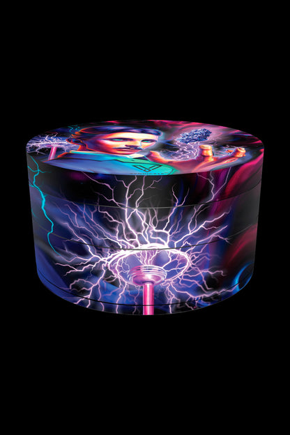 Cannabis grinder featuring a colorful, psychedelic design with a portrait and lightning bolts.