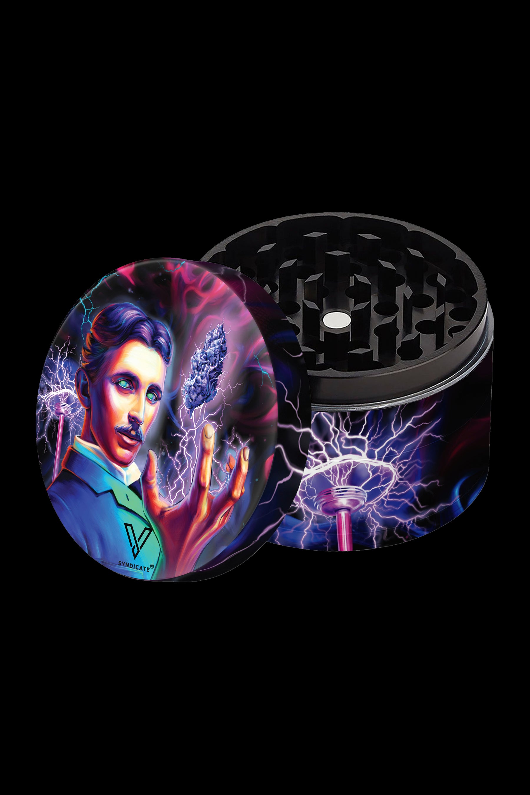 Nikola Tesla-themed grinder with a circular lid depicting Tesla holding a cannabis bud amidst electrical arcs, next to a black four-piece grinder.