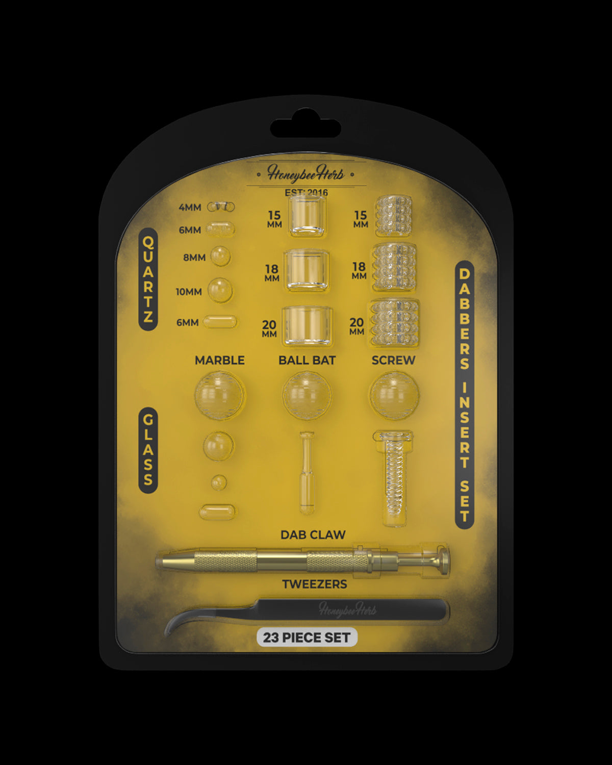 A plastic clamshell package displaying a 23-piece Honeybee Herb “Dabbers Insert Set” featuring quartz and glass inserts of various sizes and a dab claw, along with tweezers.
