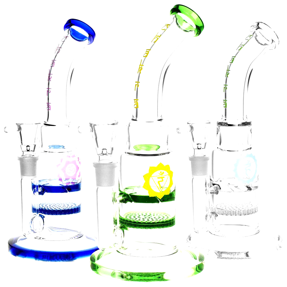 Front view of the Honeycomb & Vortex Perc Water Pipe, displaying a clear glass body with textured percs visible through the chamber.
