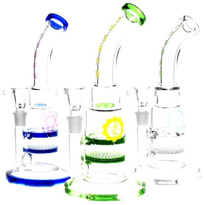 Front view of the Honeycomb & Vortex Perc Water Pipe, displaying a clear glass body with textured percs visible through the chamber.