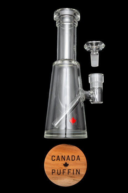Glass bubbler water pipe with Canadian maple leaf detail and accompanying components, marketed as "Canada Puffin."