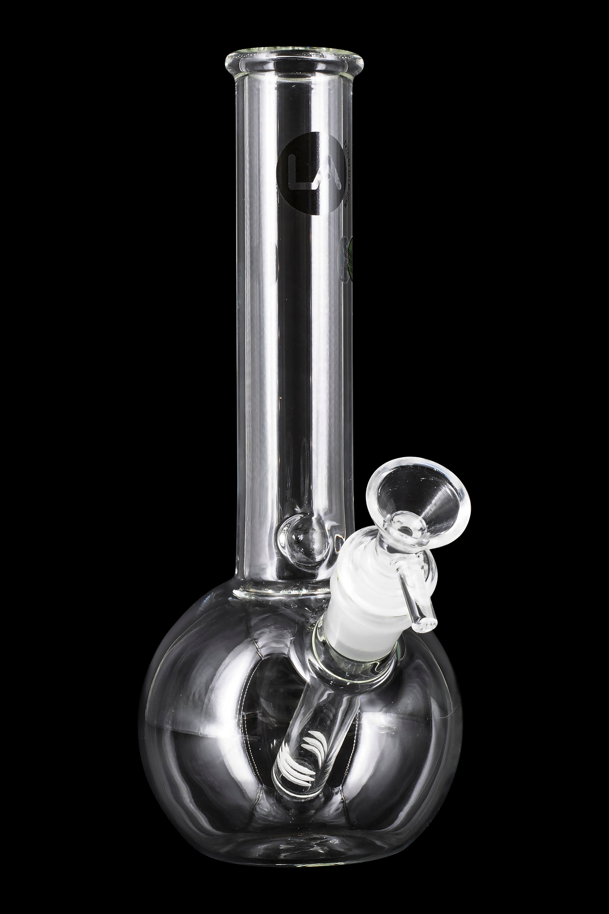 A front view of the LA Pipes Bubble Base Basic Bong, showcasing its clear glass construction and simple, rounded base.