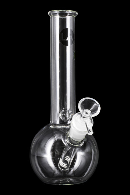 A front view of the LA Pipes Bubble Base Basic Bong, showcasing its clear glass construction and simple, rounded base.