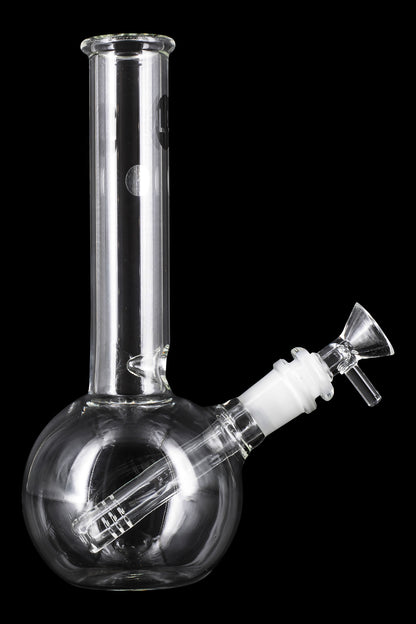 A studio shot of the LA Pipes Bubble Base Basic Bong, showcasing its clear glass construction and rounded base design.
