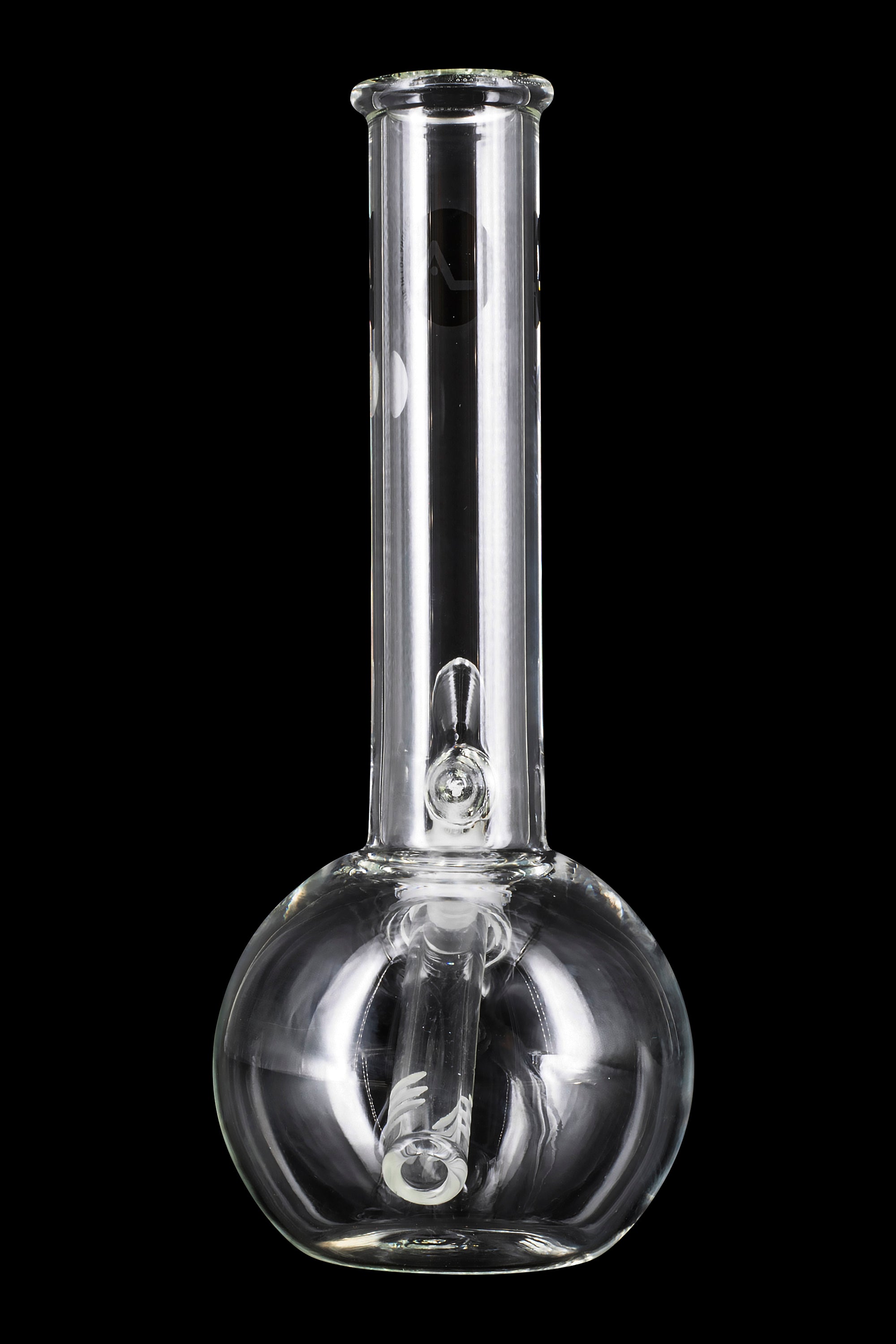 A front view of the LA Pipes Bubble Base Basic Bong, featuring a simple, clear glass design against a black background.