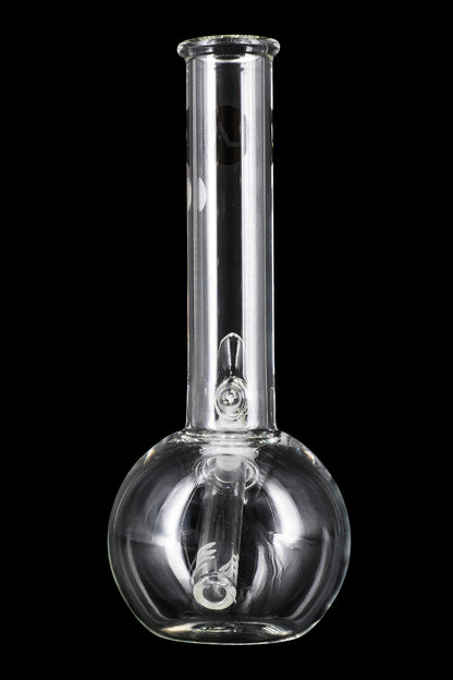 A front view of the LA Pipes Bubble Base Basic Bong, featuring a simple, clear glass design against a black background.