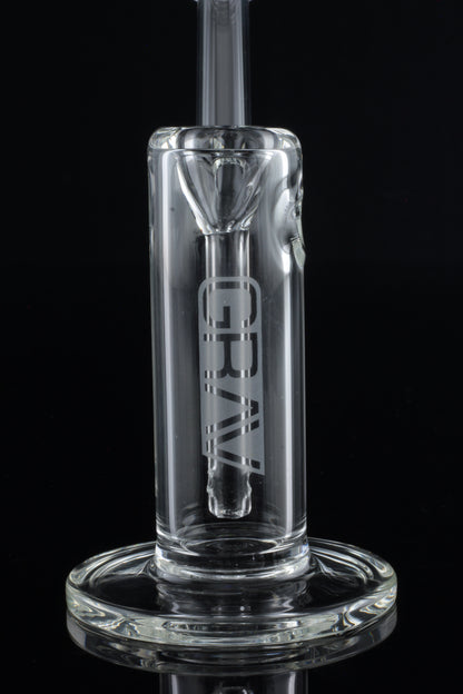 Clear glass dab rig with "GRAV" branding, isolated on a black background.