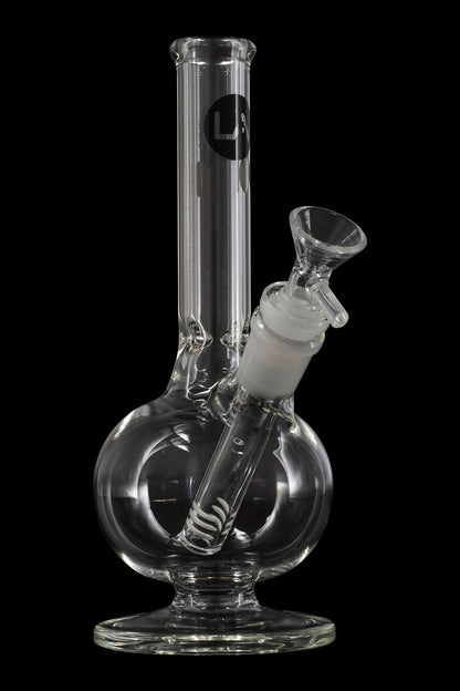 Clear glass water pipe (bong) with a spherical base and removable downstem.