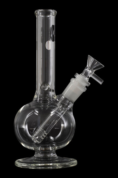 Clear glass water pipe (bong) with a downstem and bowl, isolated on a black background.