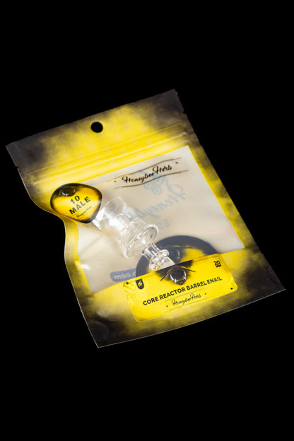 A yellow foil bag labeled “Honeybee Herbs” containing a cannabis nail for dabbing, with a tag reading “10 Male.”