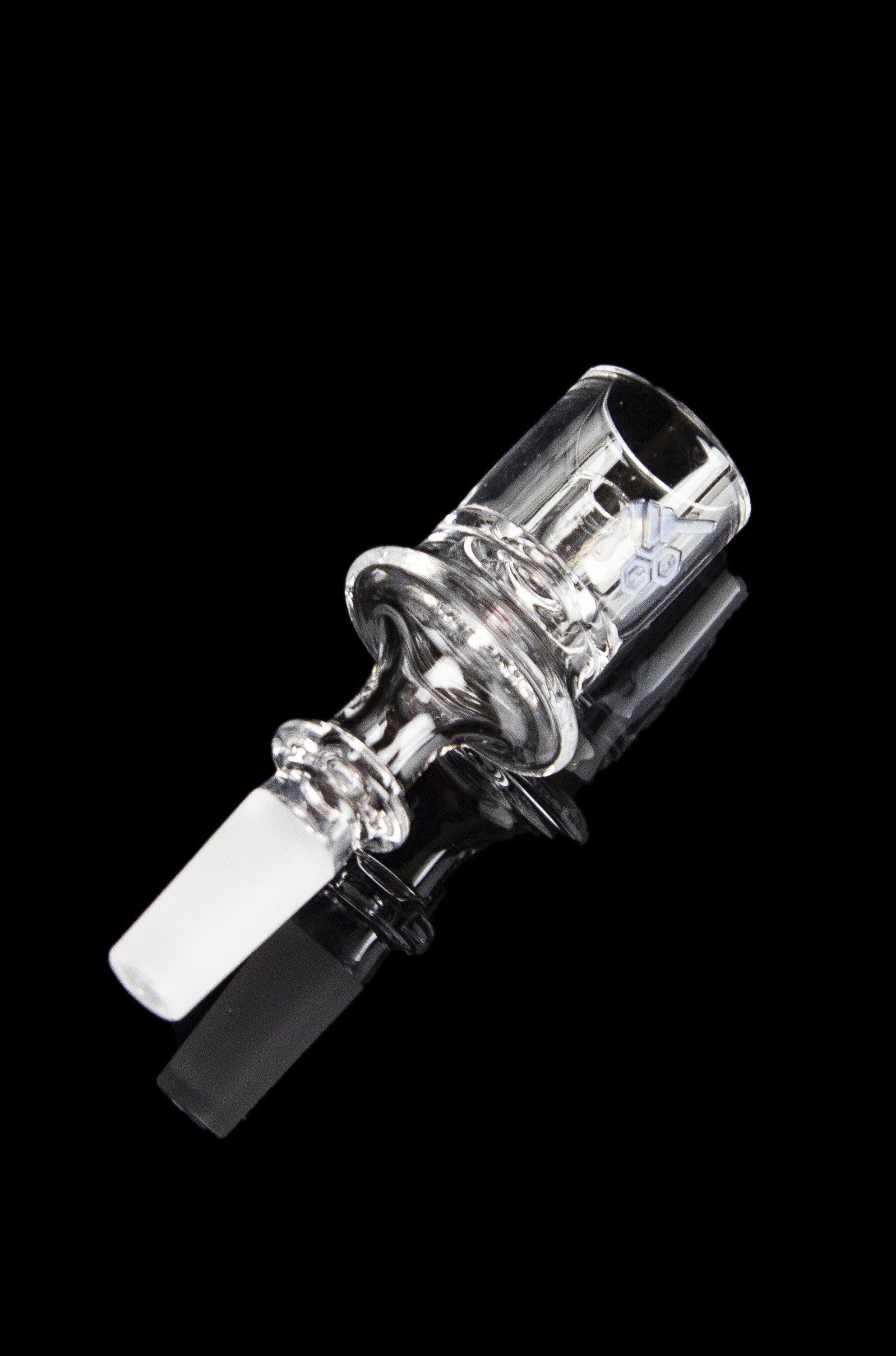 Glass cannabis concentrate dab rig insert against a black background.