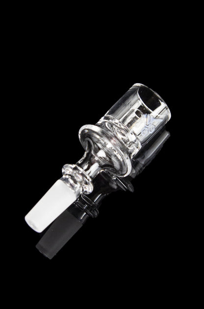 Glass cannabis concentrate dab rig insert against a black background.