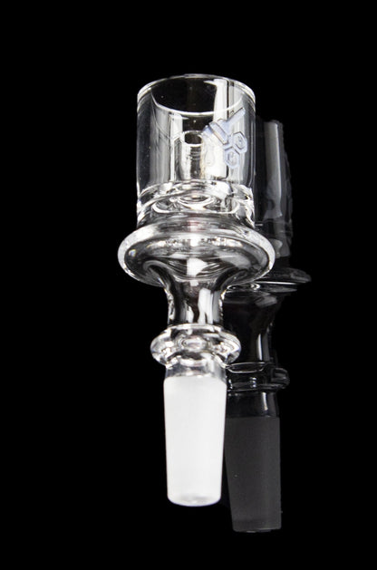 Clear glass dab rig with a textured bulb and joint for attachment, isolated on a black background.