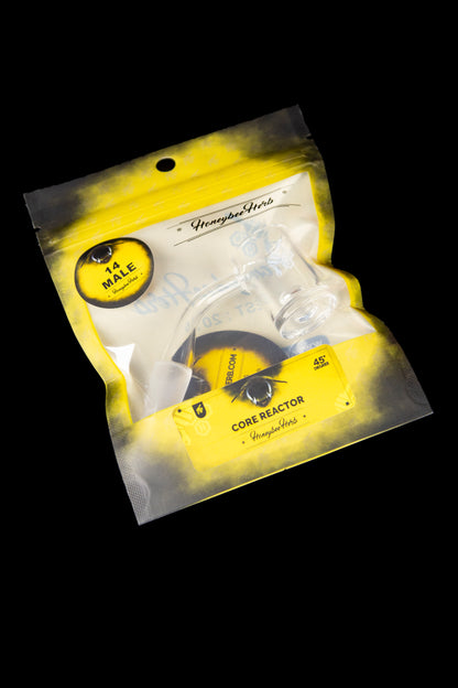 Yellow cannabis packaging with a bee and reactor graphic, labeled “HoneybeeHerb” and “Core Reactor.”