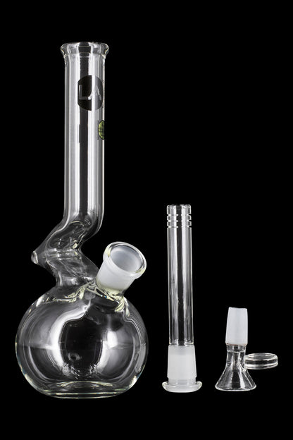 Front view of the LA Pipes Bubble Base Zong Neck Water Pipe – Simply Guy, showing a clear glass pipe against a black backdrop.
