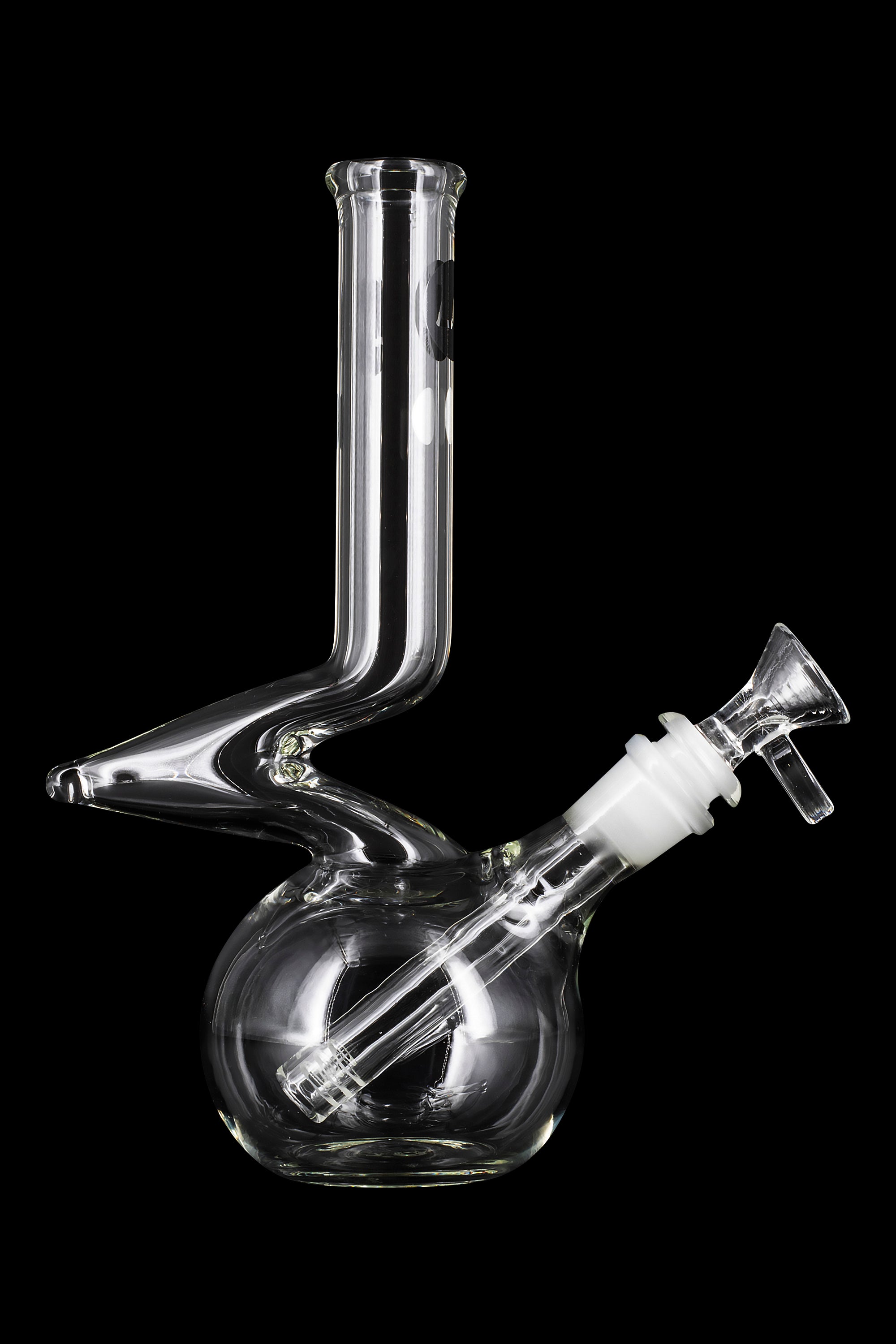 Front view of the LA Pipes Bubble Base Zong Neck Water Pipe – Simply Guy, showcasing its clear glass construction and curved neck design.
