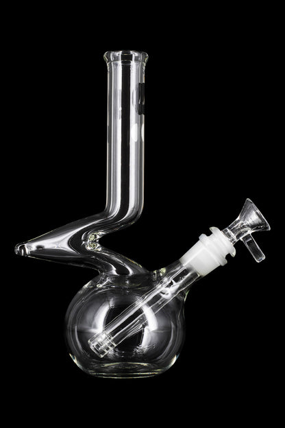 Front view of the LA Pipes Bubble Base Zong Neck Water Pipe – Simply Guy, showcasing its clear glass construction and curved neck design.