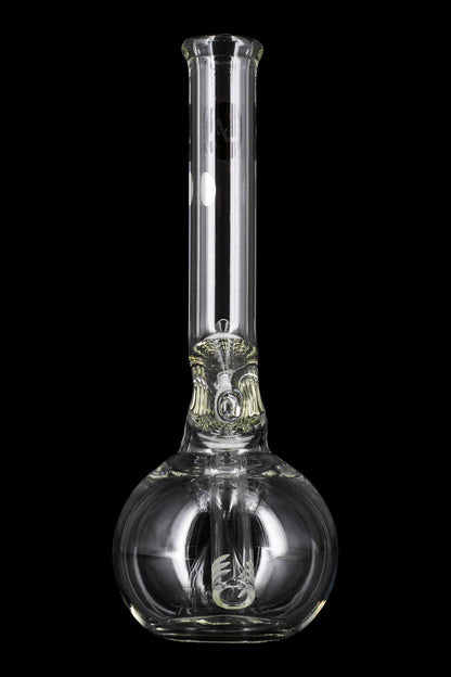 A front view of the LA Pipes Bubble Base Zong Neck Water Pipe – Simply Guy, showcasing its clear glass construction and rounded base.
