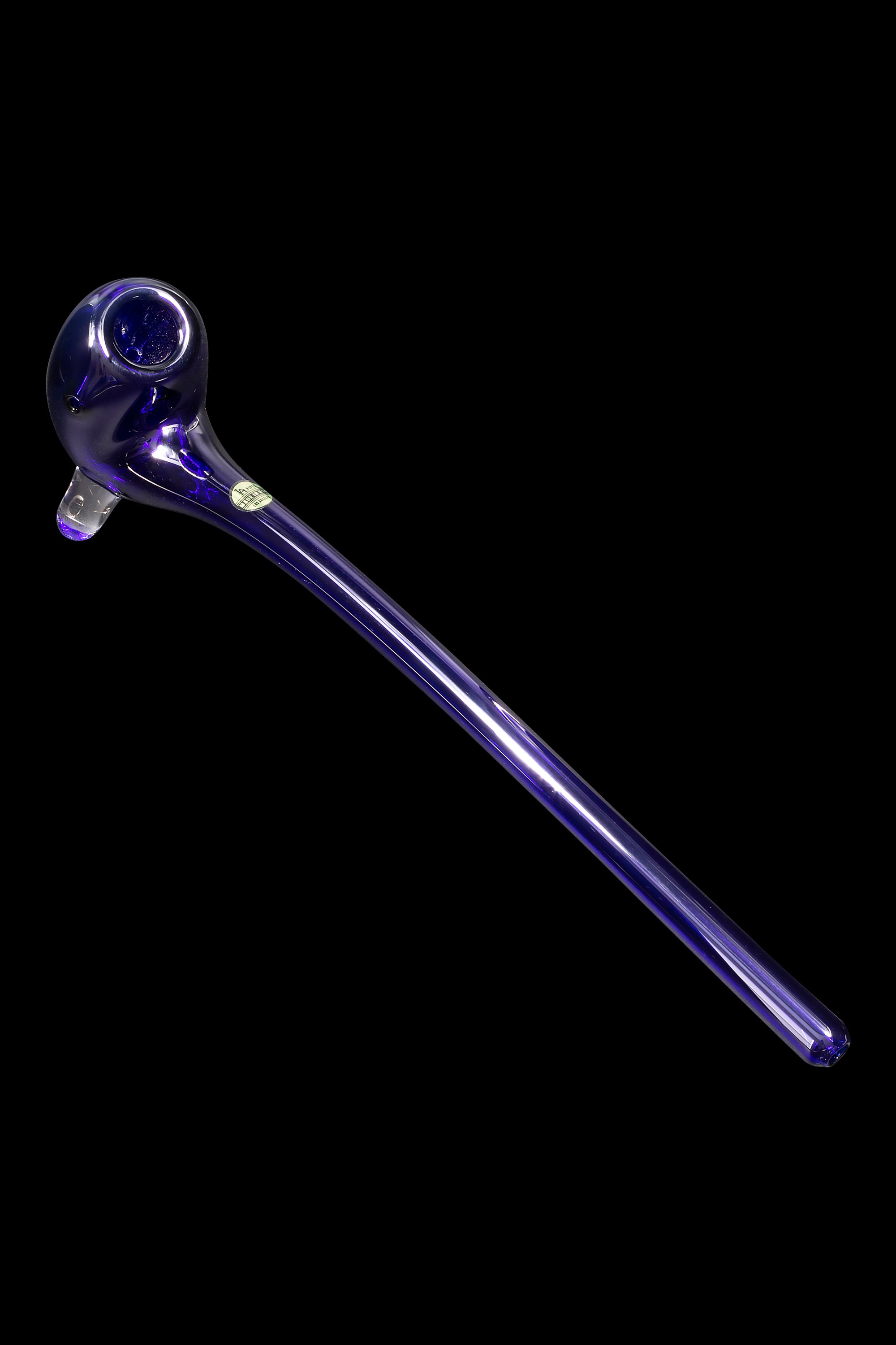 Purple glass pipe with a bulbous bowl, isolated on a black background.