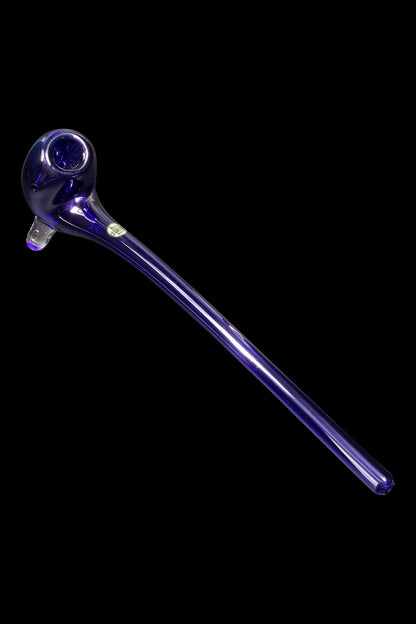 Purple glass pipe with a bulbous bowl, isolated on a black background.