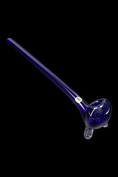 Blue glass pipe with a rounded bowl, isolated on a black background.