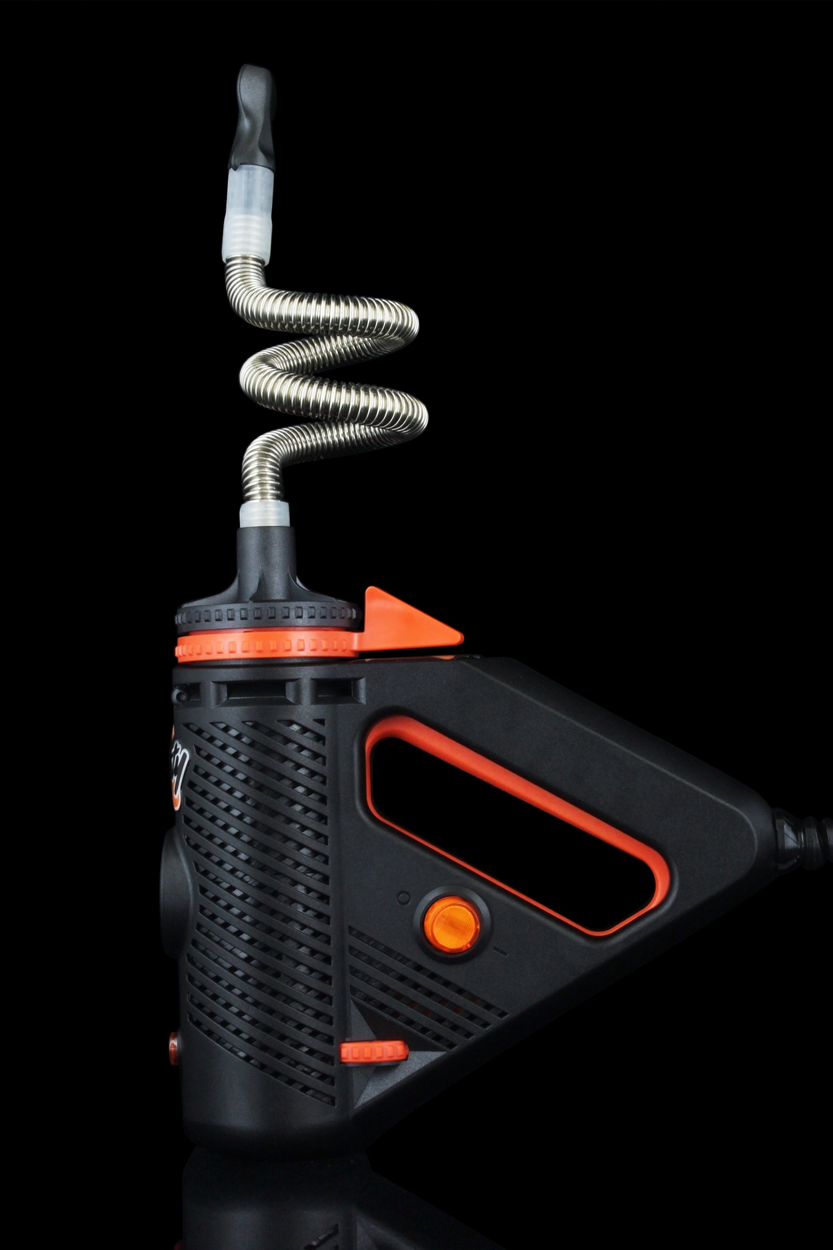 Front view of the Storz & Bickel Plenty Vaporizer with a black housing and coiled silver tubing extending from the top.