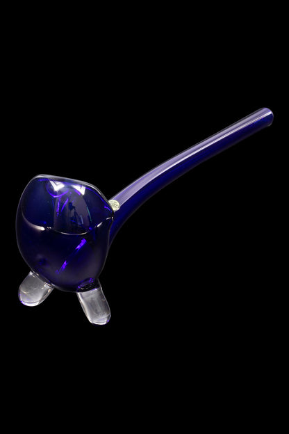 Blue glass cannabis oil rig with three clear feet.