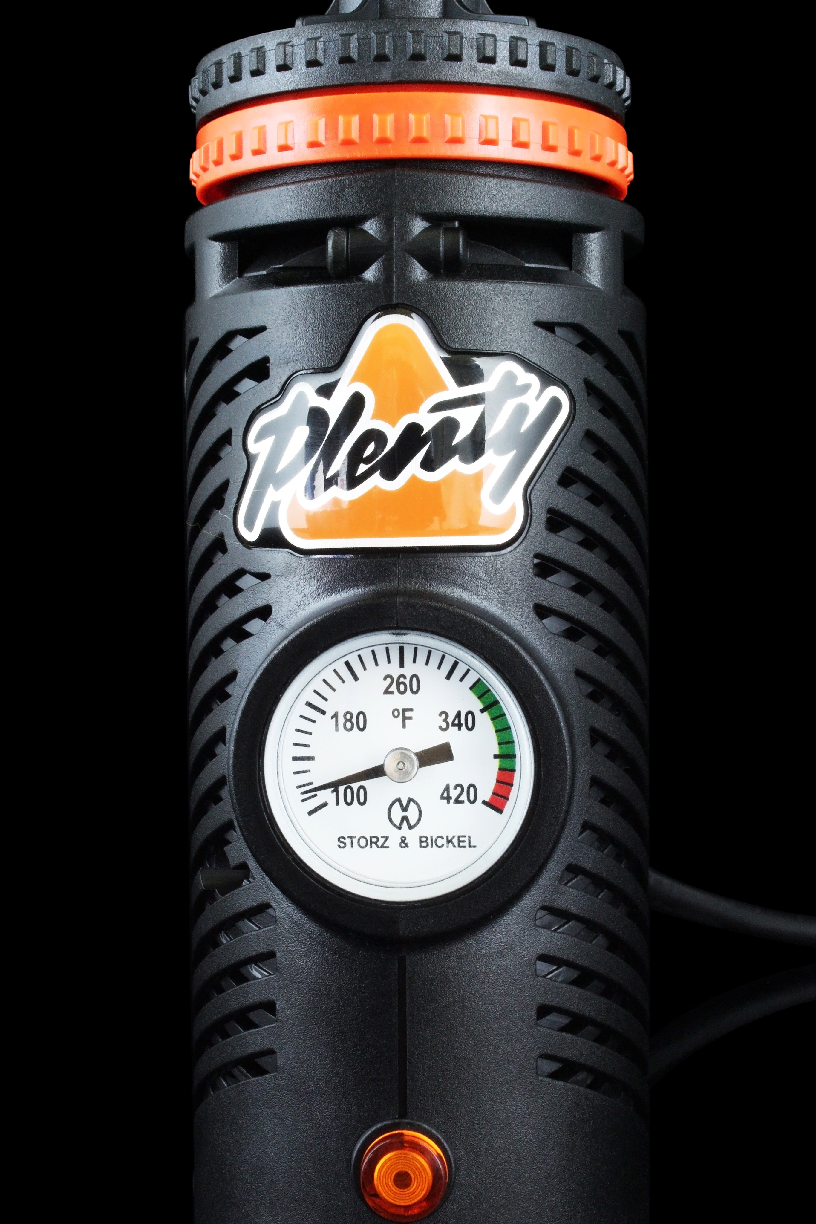 Close-up front view of the Storz & Bickel Plenty Vaporizer with a digital temperature display on its black casing.