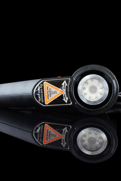 Front view of the Storz & Bickel Plenty Vaporizer with a black casing and silver control knob.