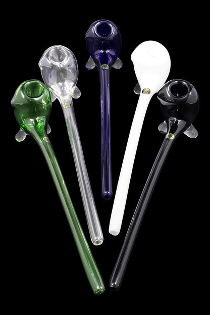 Assortment of colorful glass smoking pipes on a black background.