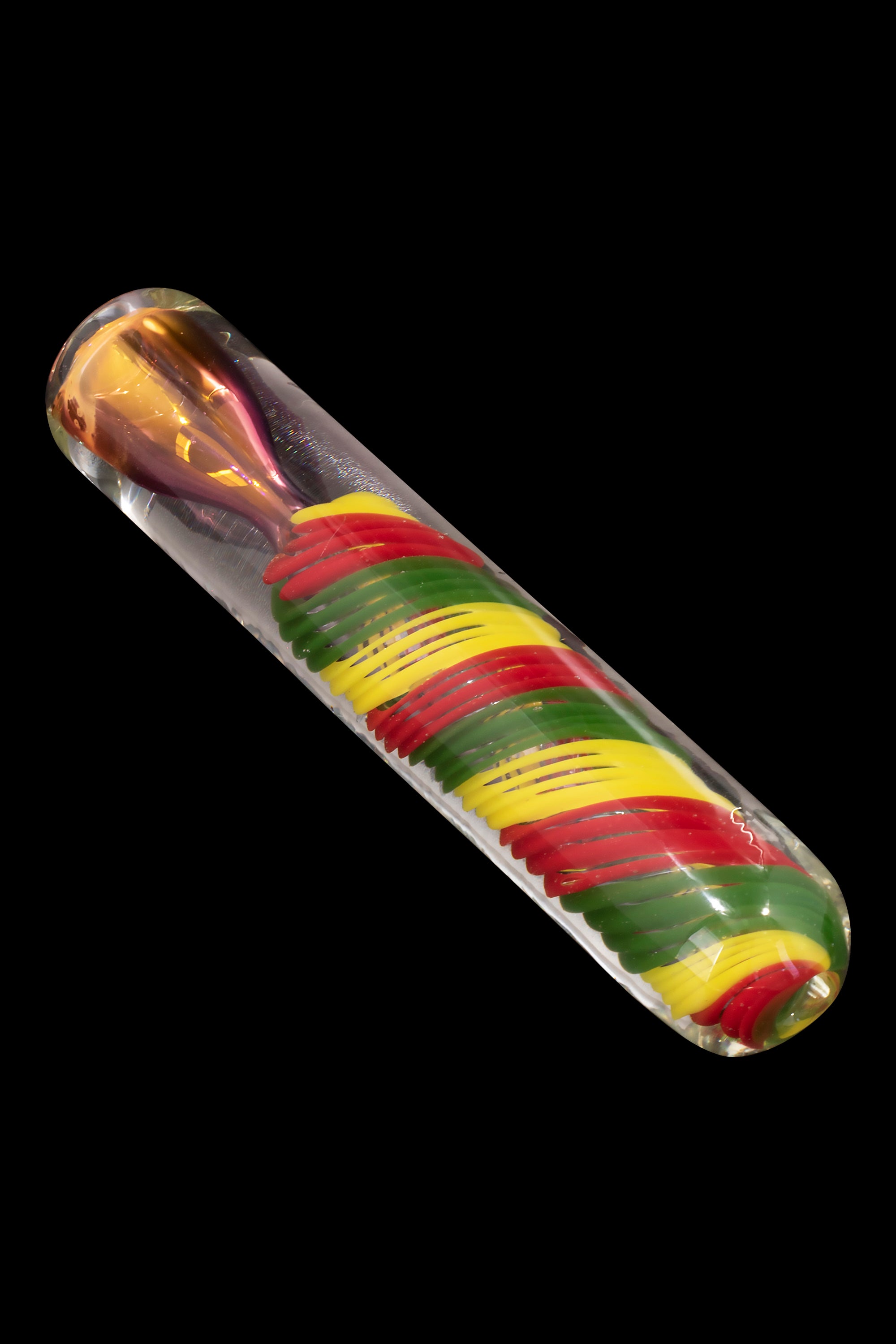 Handblown glass pipe with red, yellow, and green stripes.