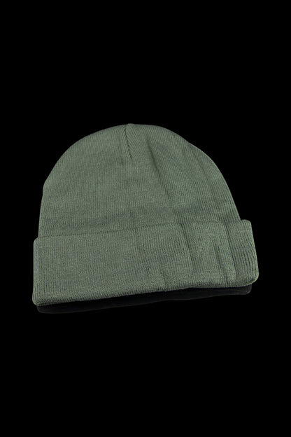 Olive green ribbed knit beanie hat.