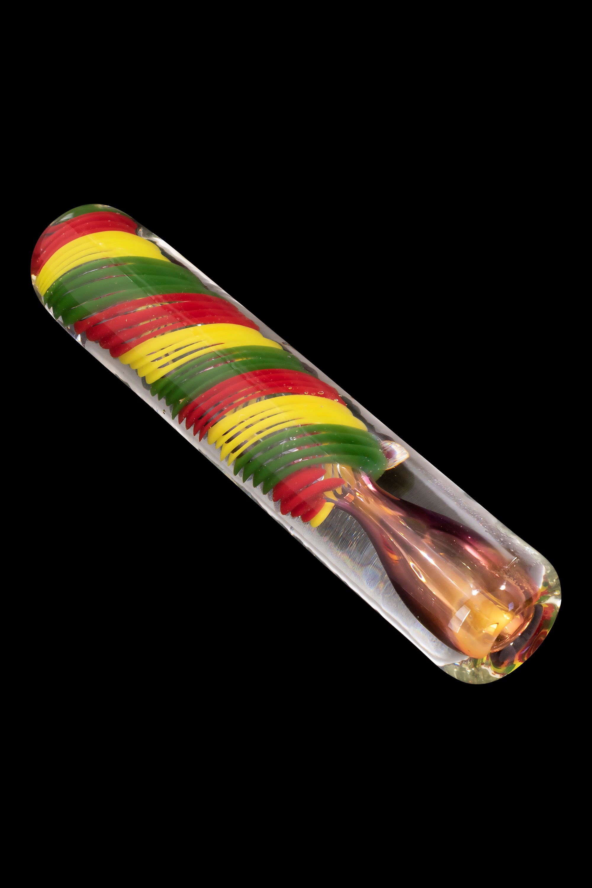 Hand-blown glass cannabis pipe with red, yellow, and green striped design.