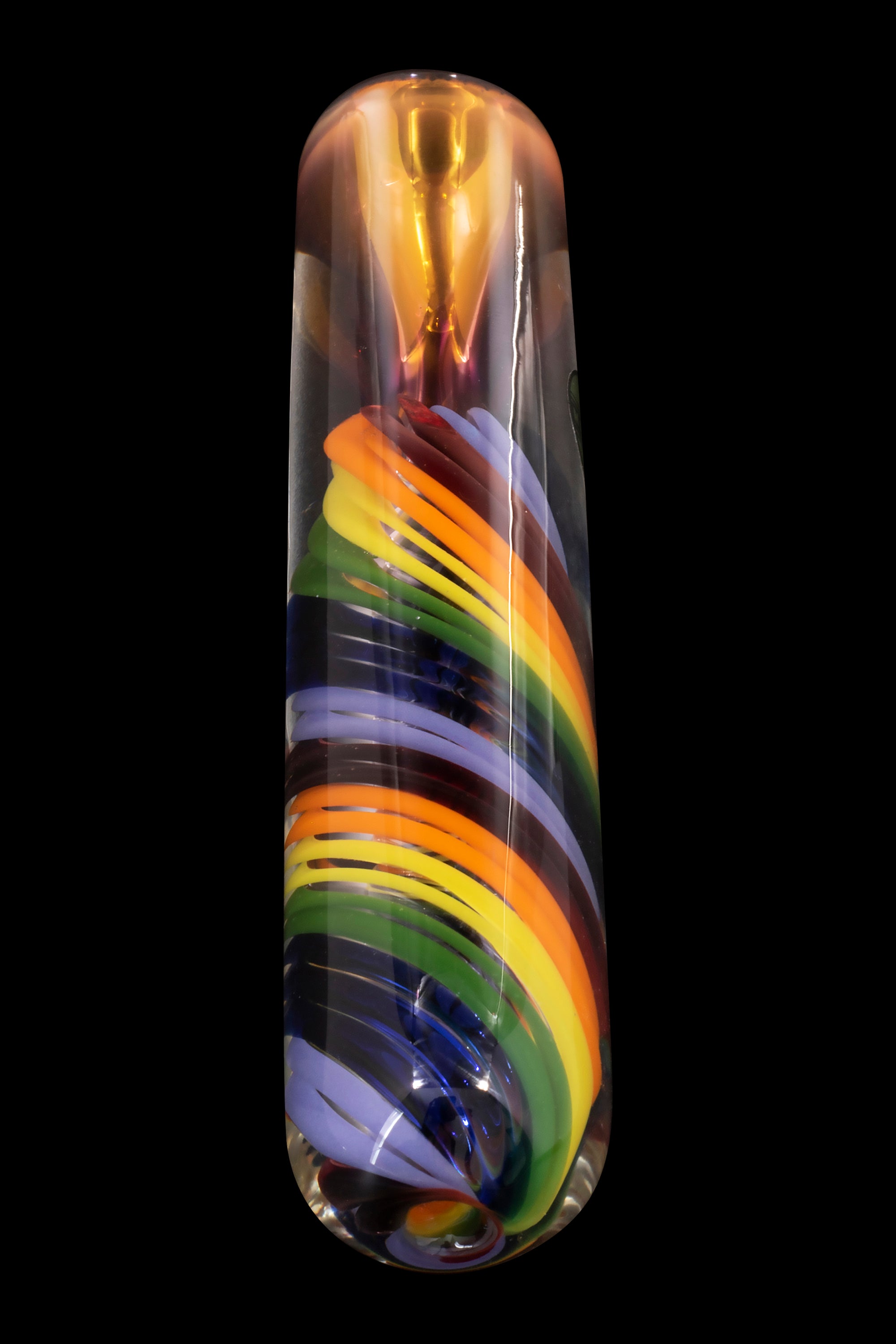 A colorful glass cannabis water pipe with swirling bands of purple, orange, green, and blue.