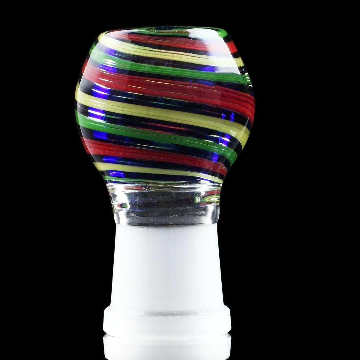 Hand-blown glass dab rig with colorful stripes.