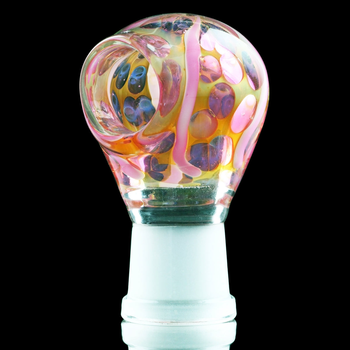 Hand-blown glass dab rig with colorful swirls.