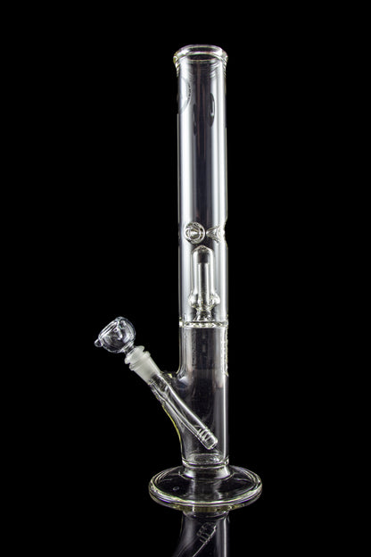 Clear glass bong with ice catcher and detachable downstem against a black background.