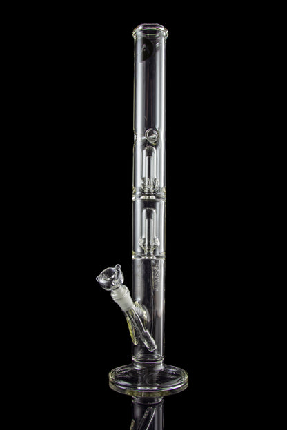 A front view of the LA Pipes Thick Glass Straight Tube Bong with Showerhead Perc, showcasing its clear glass construction and tall, cylindrical shape.