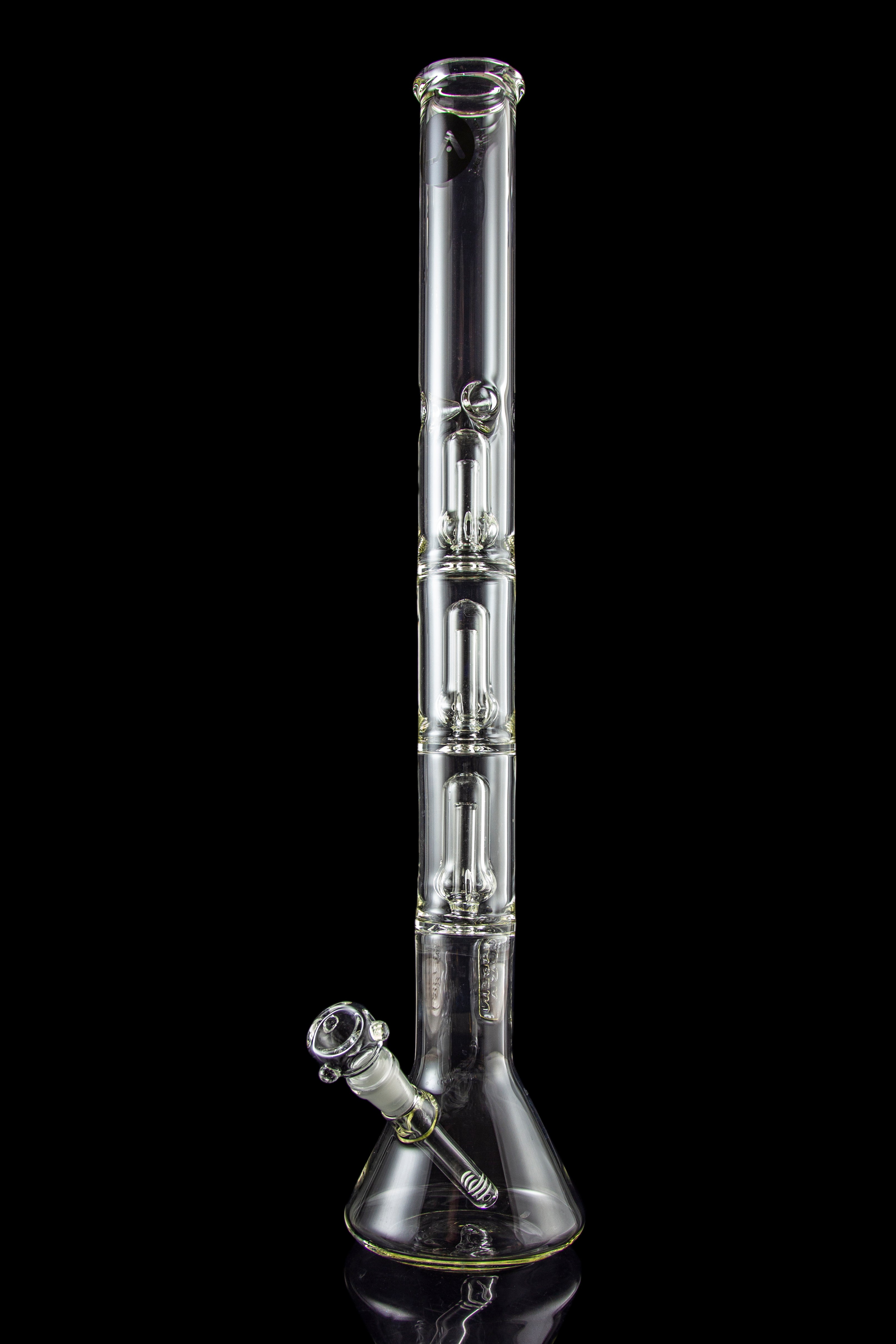 Front view of the LA Pipes 5mm Thick Beaker Water Pipe with Showerhead Perc, showcasing its clear glass construction and beaker shape.