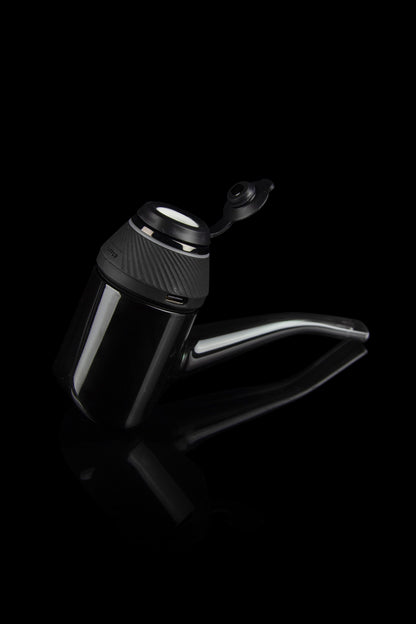 Sleek, black cannabis oil vape pen with a glass mouthpiece, isolated on a dark background.