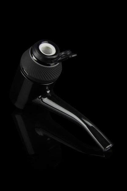 Sleek black glass cannabis oil burner pipe on a dark background.