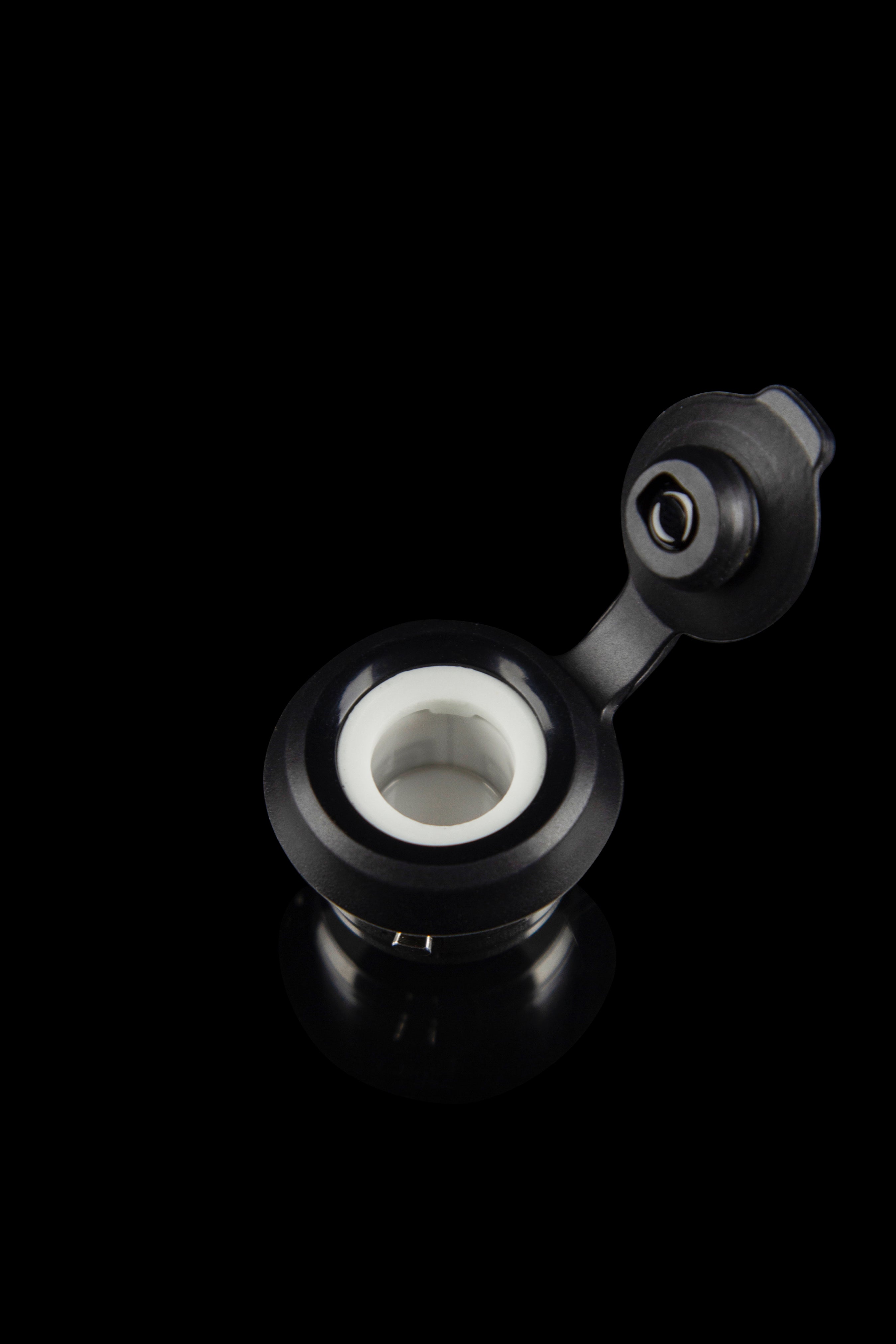 Black quartz banger with visible ceramic insert, studio shot.