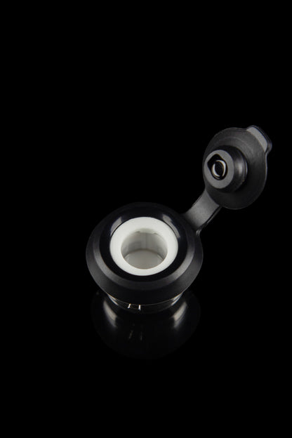 Black quartz banger with visible ceramic insert, studio shot.