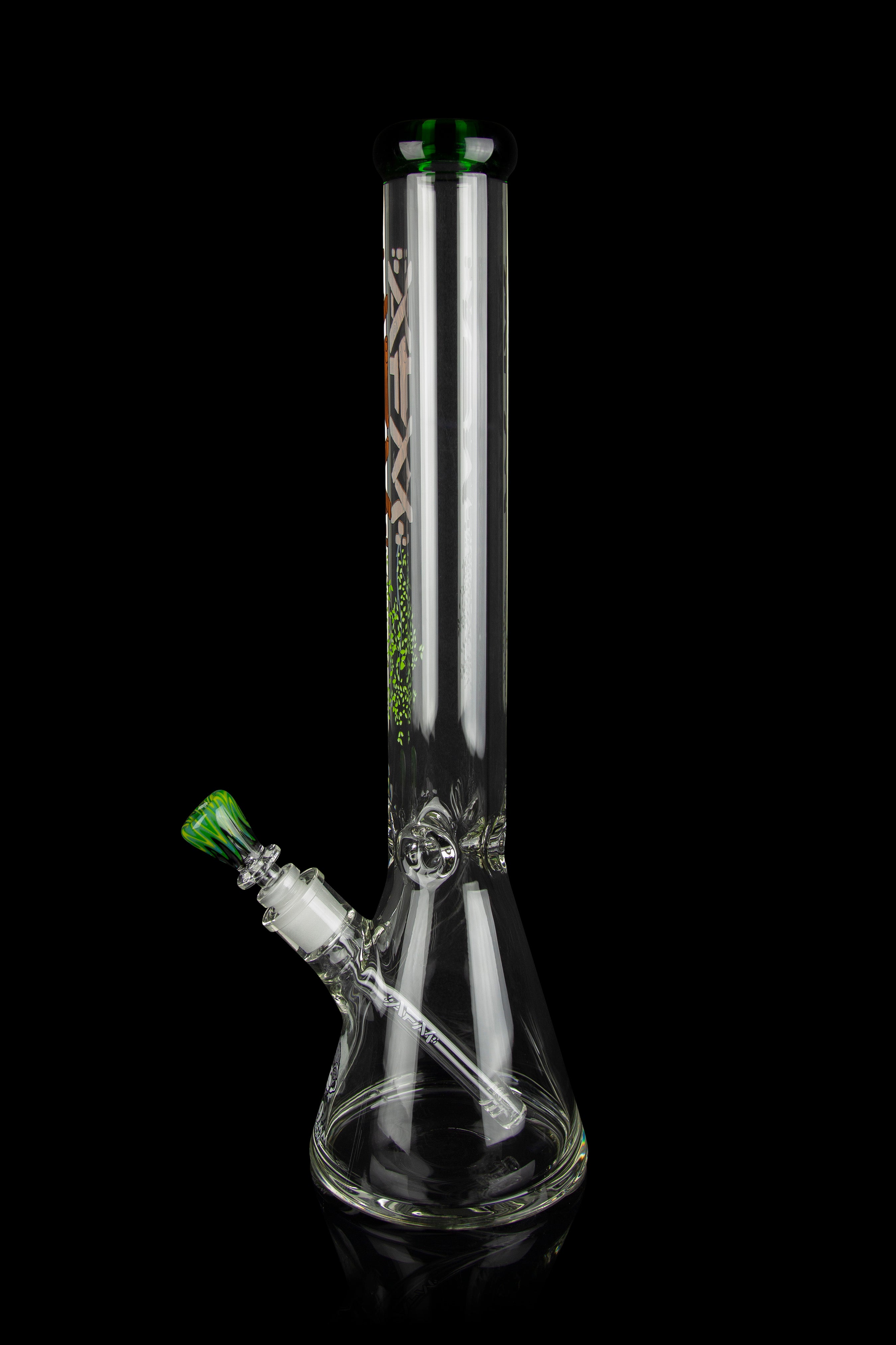 Glass bong with vertical stripes and green accents, isolated on a black background.