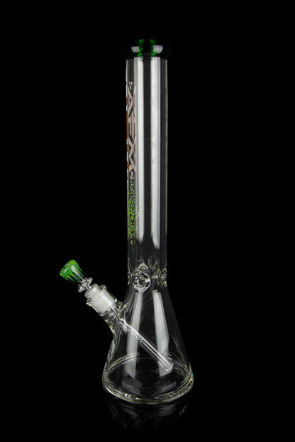 Glass bong with vertical stripes and green accents, isolated on a black background.