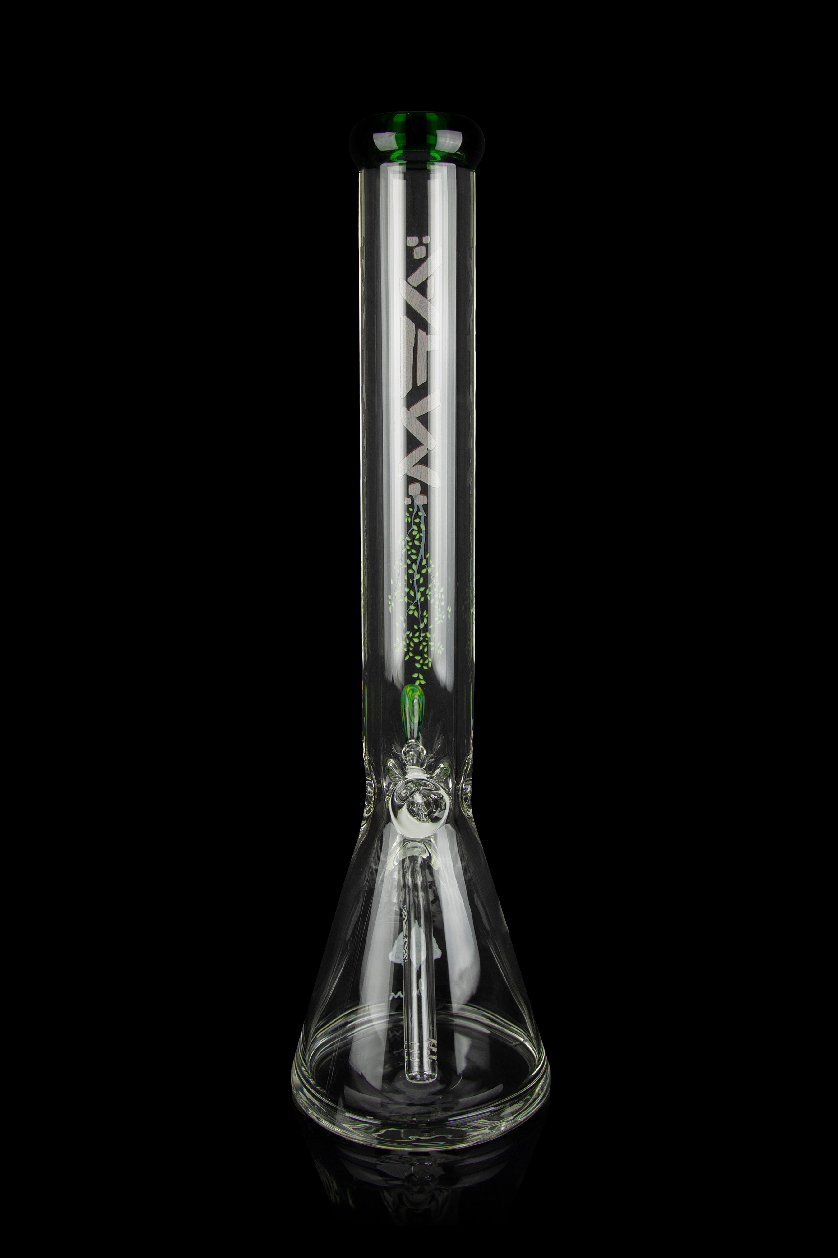 Clear glass bong with green accents and etched branding, isolated on a black background.