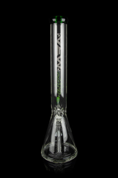 Clear glass bong with green accents and etched branding, isolated on a black background.